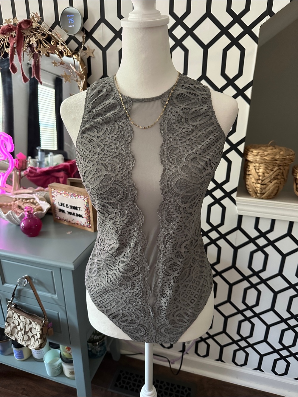 Victoria's Secret Grey Lace Halter Bodysuit